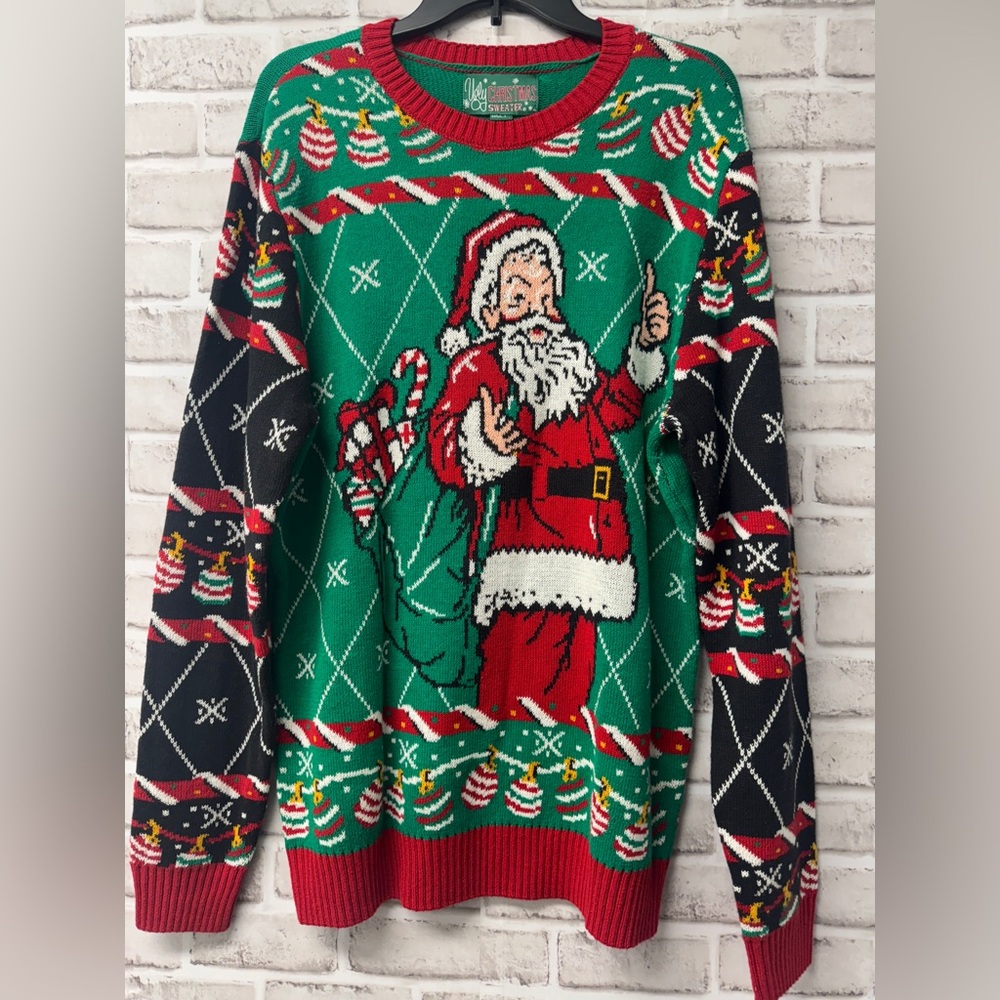 Ugly Christmas Sweater Green and Red Santa sz L.